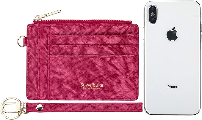 Wikavanli Women Slim Rfid Blocking Credit Card Case Holder Wristlet Zip ID Case Wallet Small Compact Leather Wallet Coin Purse with Keychain (Rose Red)