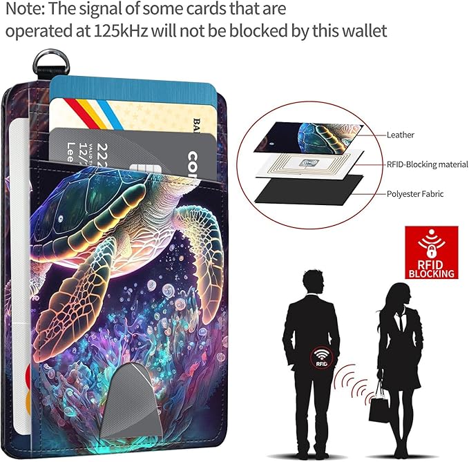 Slim RFID Blocking Card Holder Wallet with Wrist Strap - Minimalist Front Pocket Wallet, Sea turtle 02 Design, PU Leathe, for Men & Women, Ideal for Travel & Gifts