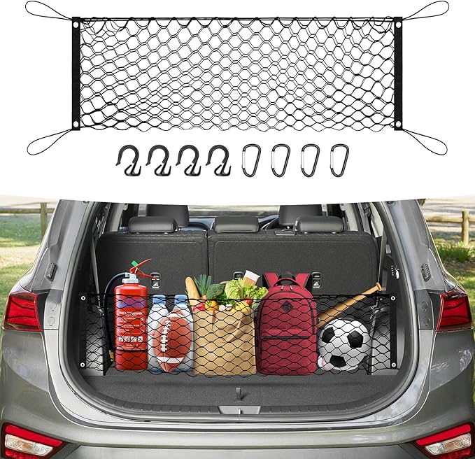 Canvcle Trunk Cargo Net for 2013-2025 2026 Hyun-dai Santa Fe Accessories Envelope Style Mesh Trunk Net Organizer and Storage Stretchable Adjustable Elastic Nylon Rear Cargo Netting with Hooks