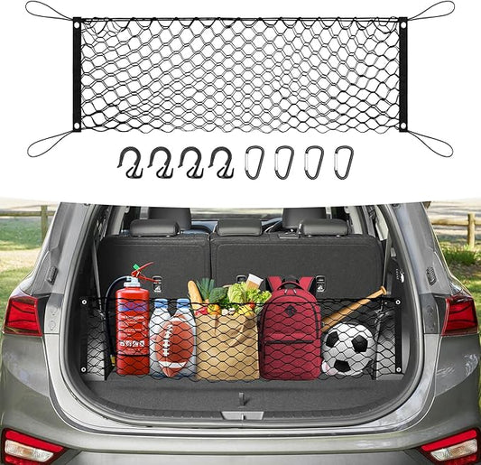 Canvcle Trunk Cargo Net for 2013-2025 2026 Hyun-dai Santa Fe Accessories Envelope Style Mesh Trunk Net Organizer and Storage Stretchable Adjustable Elastic Nylon Rear Cargo Netting with Hooks