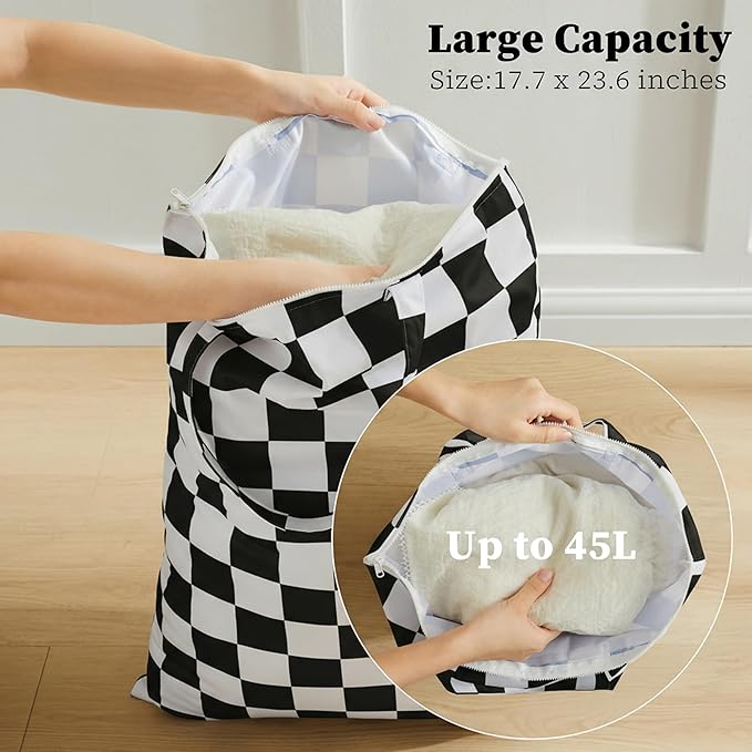 Ohocut Checkered 2 Pcs Large Travel Laundry Bags for Dirty Clothes, Aesthetic Trendy Waterproof Washable Laundry Bag with Handle for Travel, Gym, Swimming Pool Black and White