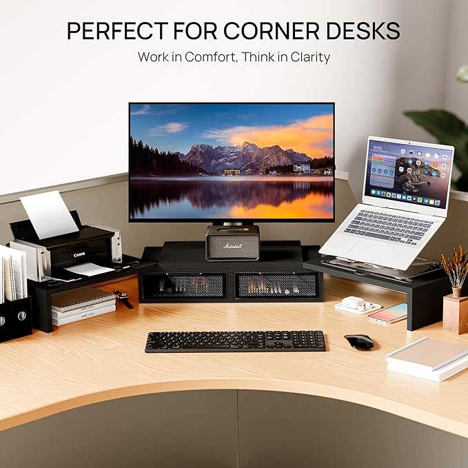 ZIFTY Dual Monitor Stand Riser with 2 Drawer and Smartphone Holder Wooden Desk Organizer, Adjustable Length & Angle Workspace Organizers for 3 Monitors Laptop Printer Computer, Black