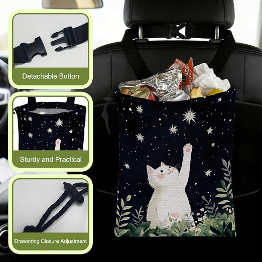 White Cat Starry Night Car Trash Bag Botanical Cat Leak-Proof Waterproof Car Garbage Bag with Drawstring Foldable Canvas Trash Bin with Adjustable Buckle for Car Accessories, Travelling, Camping