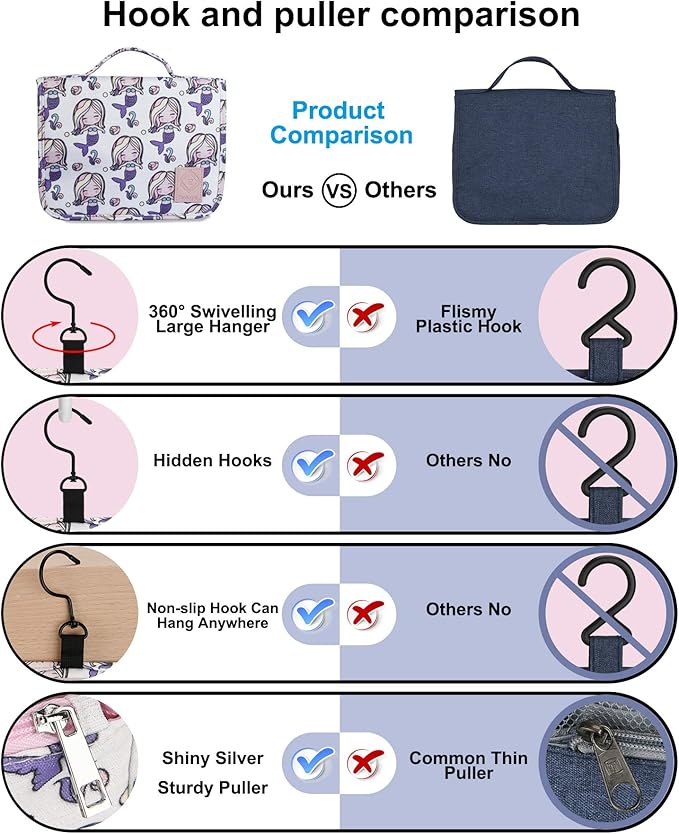 Eudora Hanging Travel Toiletry Bag for Women and Girls, Teenage Waterproof Bathroom Bag, Cute Glitter Mermaid Shower Cosmetic Bag with Large Capacity and 360 Rotatable Hook (Pink)