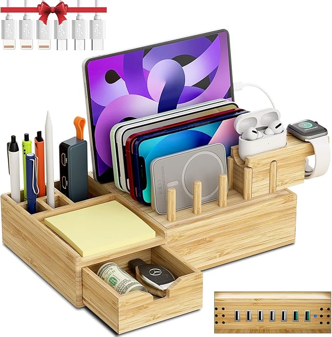 Bamboo Charging Station for Multiple Devices - Darfoo Wood Charging Dock Organizer with Drawer, 7 USB Charging Ports Compatible with Cell Phones, Tablet, Smart Watch & Earbud