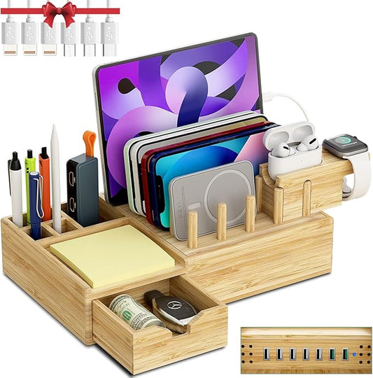 Bamboo Charging Station for Multiple Devices - Darfoo Wood Charging Dock Organizer with Drawer, 7 USB Charging Ports Compatible with Cell Phones, Tablet, Smart Watch & Earbud