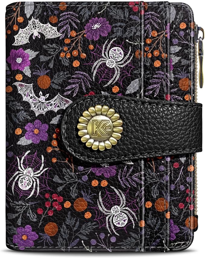 Kelvoris Goth Gothic Bats Spiders Web Small Rfid Women Wallet Bifold Zipper Coin Pocket PU Leather Compact Cash Credit Card Holder Travel Wallet for Female Ladies Teen Girls 1 ID Window 10 Card Slots