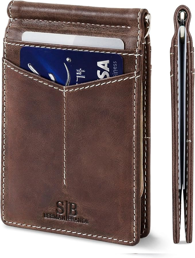 SERMAN BRANDS RFID Blocking Wallet Slim Bifold - Genuine Leather Minimalist Front Pocket Wallets for Men with Money Clip Gift
