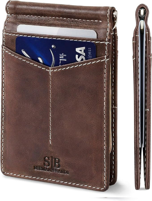 SERMAN BRANDS RFID Blocking Wallet Slim Bifold - Genuine Leather Minimalist Front Pocket Wallets for Men with Money Clip Gift