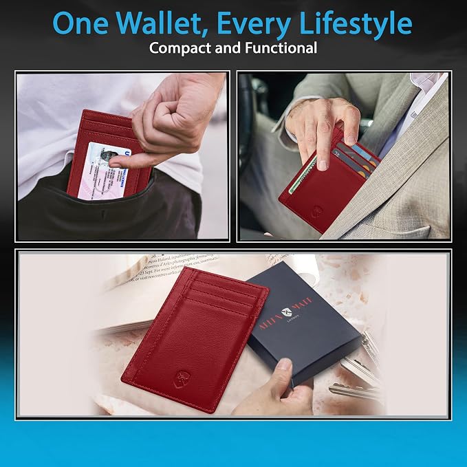 ALLEN & MATE 100% Genuine Leather Slim Minimalist wallet RFID Blocking Card Holder Wallets for Men & Women - Holds 7 Cards, ID & Cash with Gift Box (Maroon)