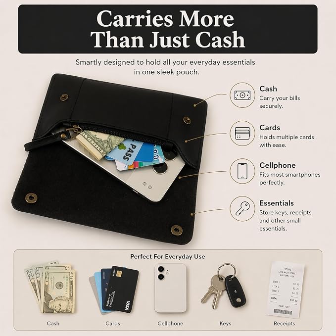 Leather Currency Pouch - Handmade Cash Organizer with Double Button Closure & Zipper Pocket, Compact Money Holder for Travel & Everyday Use, 4 x 8 Inch (Black)