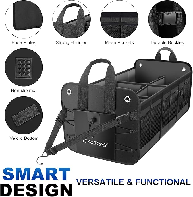 HAOKAY Car Trunk Organizer with Lid，Heavy Duty Extra Large Premium Black Oxford Multi Compartments Collapsible trunk organizer for SUV, Van, Truck, Sedan, Jeep （90L