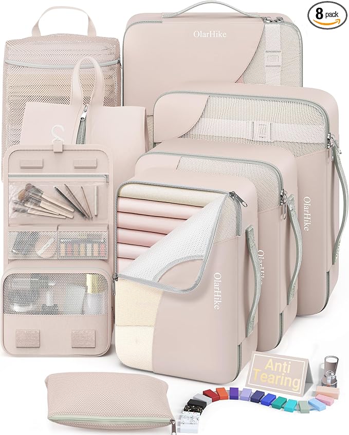 8 Set Packing Cubes for Travel, Gifts for Women Mom,Anti-Tearing Suitcase Organizer for Luggage with Shoe & Hanging Toiletry Bag,OlarHike Vacation Essentials & Accessories for Cruise Ship