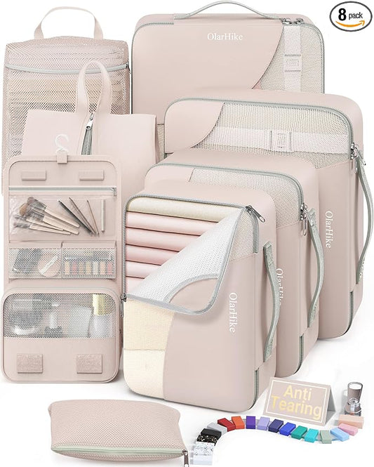 8 Set Packing Cubes for Travel, Gifts for Women Mom,Anti-Tearing Suitcase Organizer for Luggage with Shoe & Hanging Toiletry Bag,OlarHike Vacation Essentials & Accessories for Cruise Ship