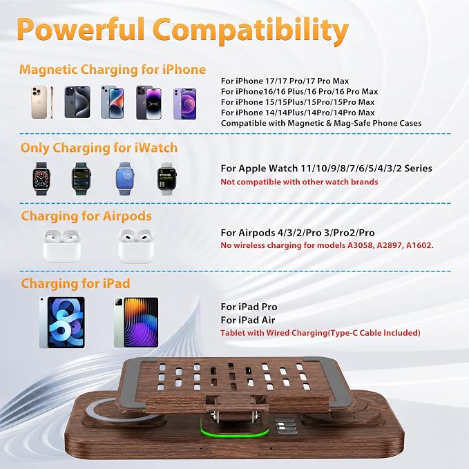 30W Charging Station for Apple Products,Foldable Wireless Charger with Clock Display&7 Color Light,Wired Charging for iPad/Tablet Charging Station for iPhone17, for Apple Watch11for AirPods4(Woodgrain