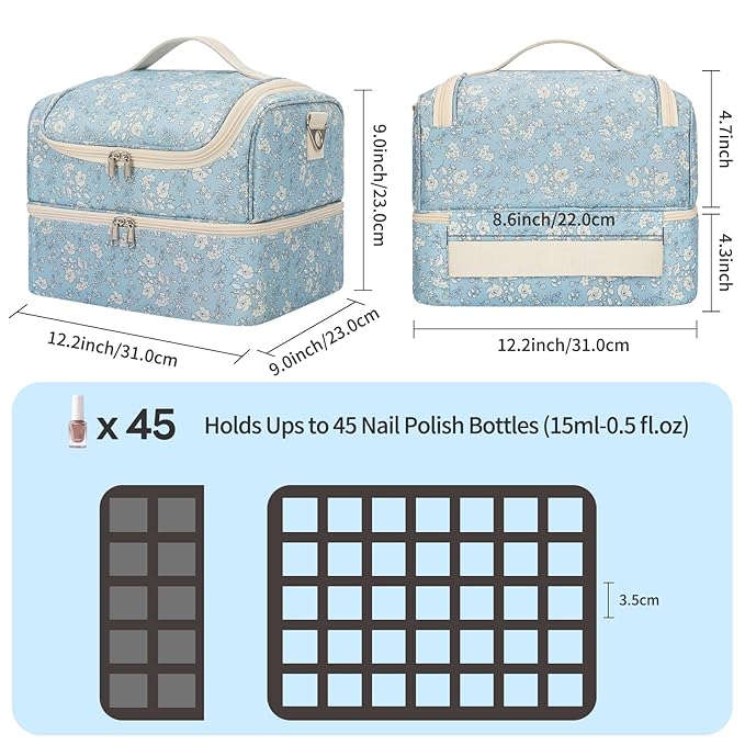 CUBETASTIC Nail Polish Organizer, Nail Supplies Storage Case Holds 45 Bottles Nail Polish & Nail Lamp, Travel Nail Tech Carrying Bag, Nail Kit Bag For Nail Stuff & Manicure Tools