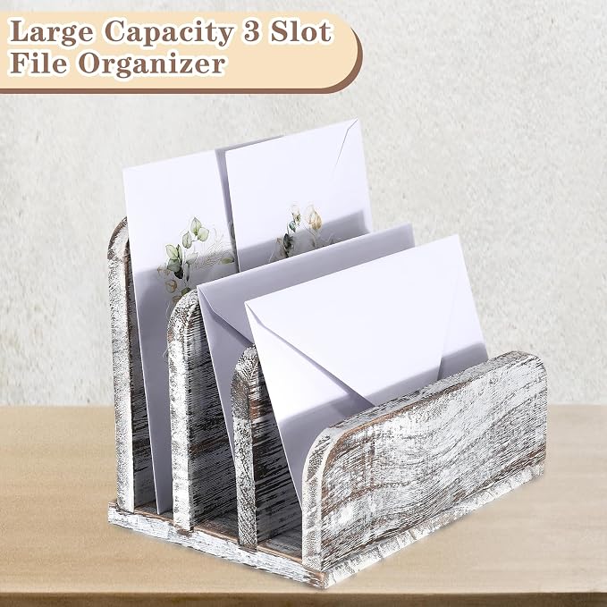 Briwooody Wooden Mail Organizer 3 Slots Mail Holder for Desk Wood File Paper Letter Holder for Letter Envelope Filing Cell Phone Document Storage, Organizer Tray for Office and Home(Old White)