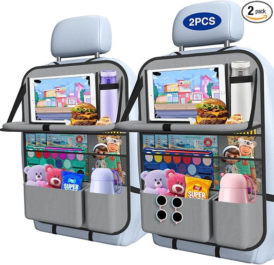 2PACK-Car Backseat Organizer with Touch Screen Tablet Holder,9 Storage Pockets Storage Organizer with Foldable Food Tray, Protector Kick Mats for Kids, Travel Accessories Organizer (Grey)