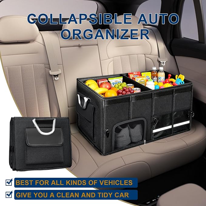 Car trunk organizer, Collapsible Multi-Compartments Car trunk Organizer with Shoes Storage Space, Reflective Strip, Perfect for Car & SUV (23.6 * 13.8 * 11.8 INCH)