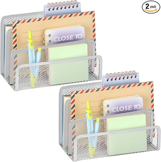 2 Pieces Desk Mail Organizer, Metal Mesh Small File Holders Letter Organizer, Bill/Document/Filing/Folders/Paper Organizer for Desktop (GREY-2PCS)