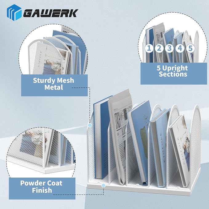 Gawerk 5-Section Vertical Desktop Organizer, 5-Section Mesh File Folder Stand Sorter for Office Home Classroom Organization (1, White)