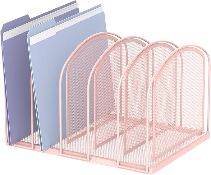 SUPEASY File Organizer for Desk, 5-Section Mesh Desk Organizer, Vertical File Holder Desktop Organizer File Sorter, File Folder Holder for Office Supplies, Pink
