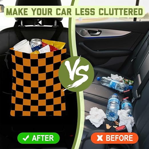 Car Garbage Bag Black Orange Checkered Drawstring Car Trash Bag Hanging for Back Seat with Adjustable Buckle Canvas Vehicle Trash Can Easy-to-Install for Car Accessories Vehicle Travelling Camping