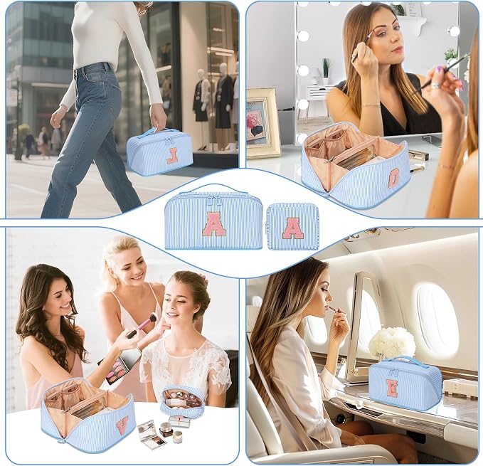 2026 Graduation Gifts - Travel Makeup Bag for Women, 2Pcs Portable Personalized Initial Makeup Organizer Bag, Open Flat Large Cosmetic Bag With Travel Essential Pouch (Blue Letter E)