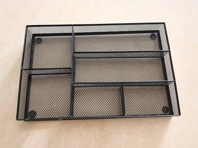 Desk Drawer Organizer tray, Mesh Drawer Organizer Tray for Office, School or Home Supplies Desktop Storage Stationery,bathroom,kitchen, 6 Compartments, 12.6 x 8.27 x 1.57 inch, Black