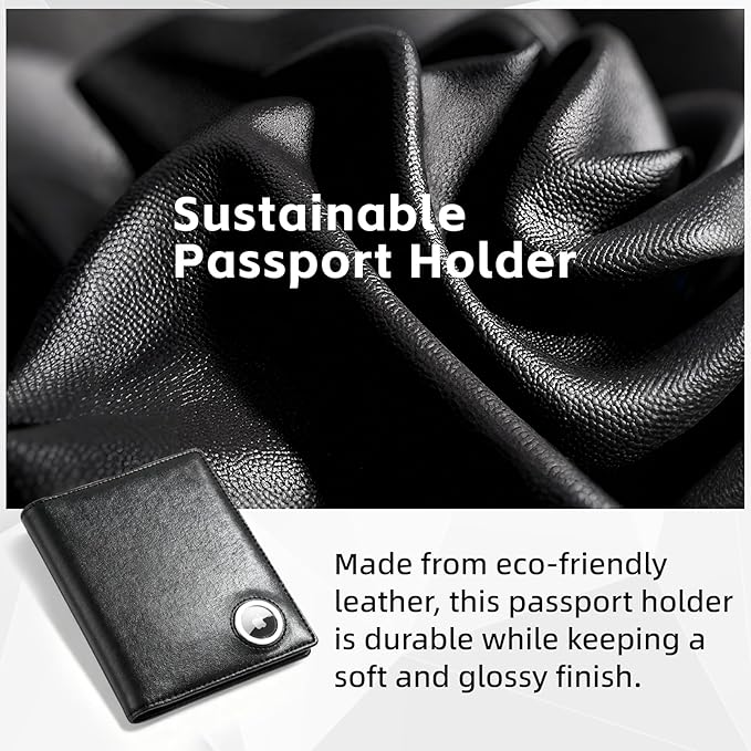 oriver Airtag Passport Holder with RFID Blocking, Slim Leather Passport Cover with AirTag Slot, Bifold Travel Wallet with 4 Cards Slots & Tickets & Cash, Black