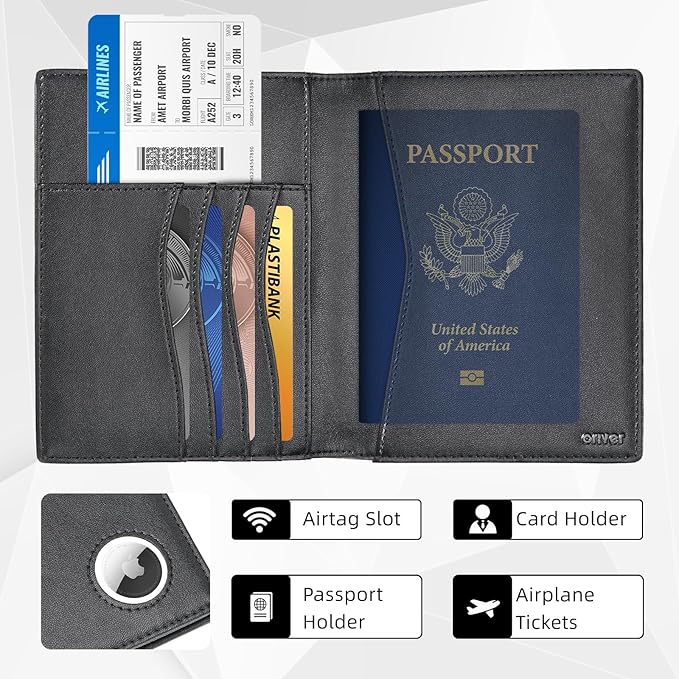 Leather Passport Wallet with AirTag Slot — RFID Passport Holder for Travel Men, Slim Travel Wallet with Card, Cash & Ticket Slots