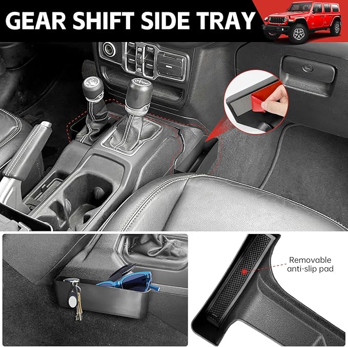 Center Console Organizer for 2024+ Jeep Wrangler JL JLU 4XE Gear Shift Console Side Tray Trunk Organizer Hanging Armrest Storage Box for Wrangler Accessories(24+ 5-piece, Not Gladiator)