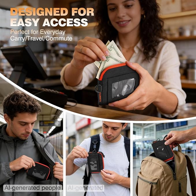Coin Purse for Men, RFID Blocking 500D Nylon Small Wallet with Key Clip, Slim Front Pocket Card Holder, Zipper Coin Pouch & ID Window Organizer for Cards, Cash