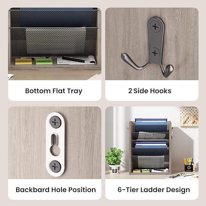Mail Organizer Wall Mounted, 6-Tier Wall File Organizer with 2 Hooks, Wooden Desk Organizer Magazine Holder with Bottom Flat Tray, for Office Home, Greige