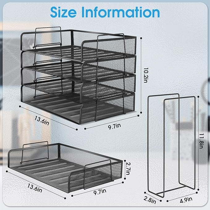 4 Tier Stackable Paper Tray Organizer for Desk, Office Desk Accessories, Paper Sorter Organizer for Letter/A4 Office File Folder Holder (Black, 19.2" x 9.7" x 10.2")