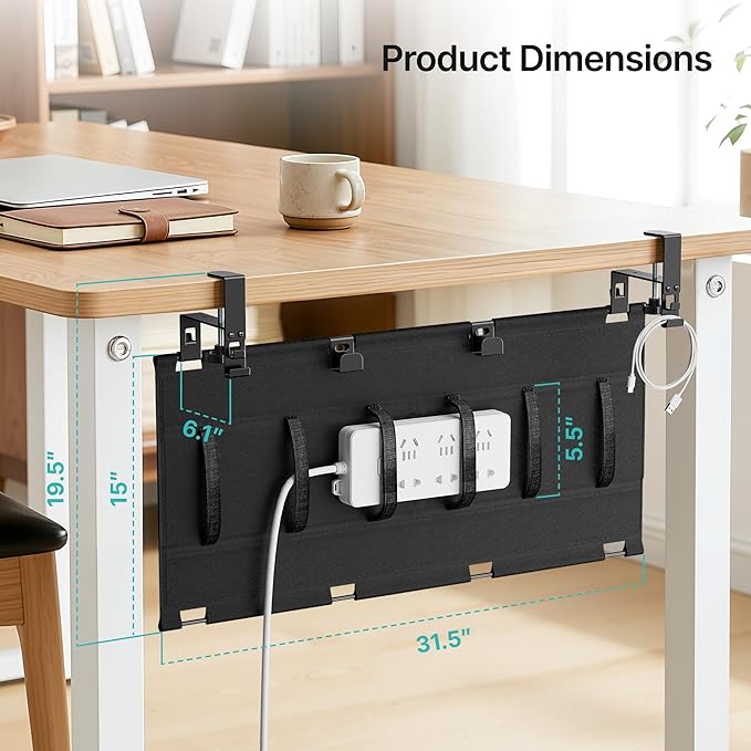 No Drill Under Desk Cable Management Tray, 31.5" Cord Management Under Desk for Table, Clamp Mount Desk Cable Management, Premium Fabric Wire Management Tray for Office, Home