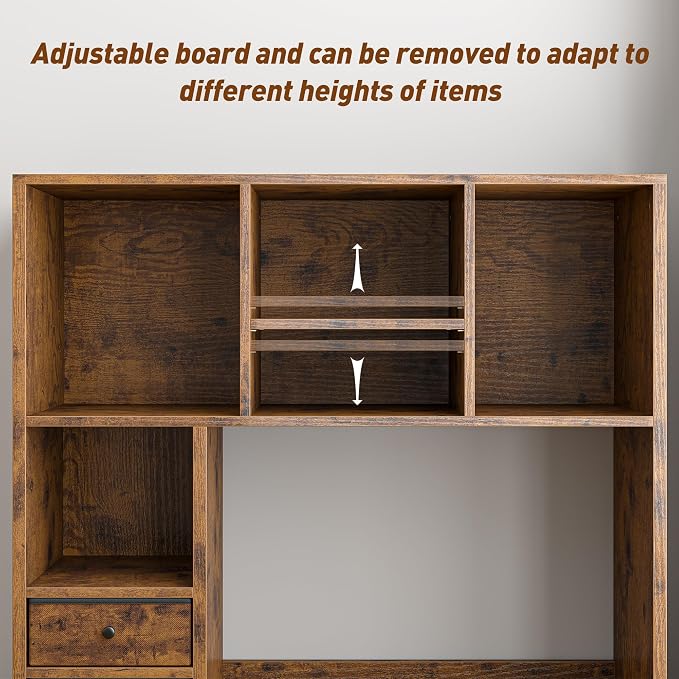 REIBII Desktop Bookshelf, High-Capacity Desk Hutch Organizer with 7 Shelves and 2 Drawers, Adjustable Bookshelf Storage, Desk Shelf for Top of Desk, Desk Hutch Dorm, Rustic Brown