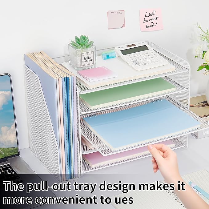 OPNICE Desk Organizer, 5-Tier Paper Organizer Letter Tray with Magazine Holder, Office Desk Accessories & Workspace Organizers, Desktop File Organizer for Office Supplies Storage, White