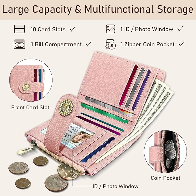 Kelvoris Small Rfid Women Wallet Bifold Zipper Coin Pocket PU Leather Compact Cash Credit Card Holder Travel Wallet for Female Ladies Teen Girls 1 ID Window 10 Card Slots