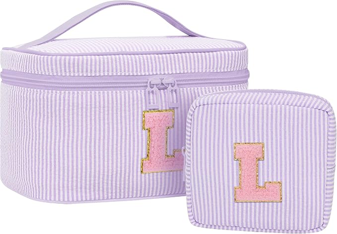 MONSTINA Personalized Initial Makeup Bag with Brush Holder and Divider for Women,Make Up Case for Girlfriend Bridesmaid Wife,Birthday Gift for Her Cute Toiletry Bag,2PCS,Purple L
