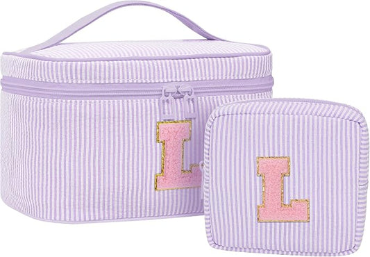 MONSTINA Personalized Initial Makeup Bag with Brush Holder and Divider for Women,Make Up Case for Girlfriend Bridesmaid Wife,Birthday Gift for Her Cute Toiletry Bag,2PCS,Purple L