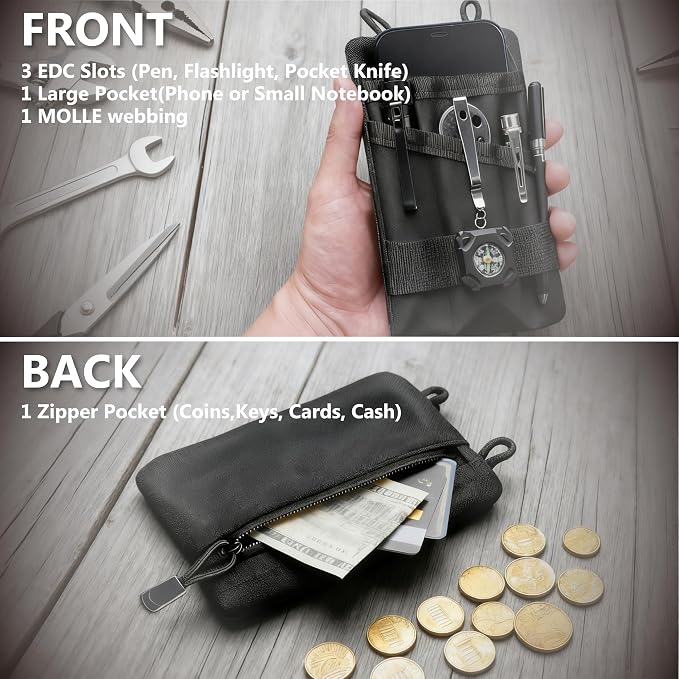 EDC Pouch Oxford Fabric Pocket Organizer with Adjustable Strap EDC Fanny Pack for Travel Running, Secure Zip Pocket for Keys Cards Cash, Holds Flashlight Pocket Knife Multitool Pen