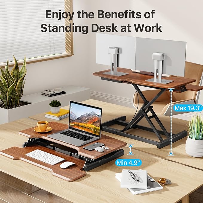 Standing Desk Converter 32 inch, Height Adjustable Sit Stand Desk Riser, Quick Sit to Stand Tabletop Dual Monitor Riser Workstation for Home Office with Keyboard Tray, Dark Wood