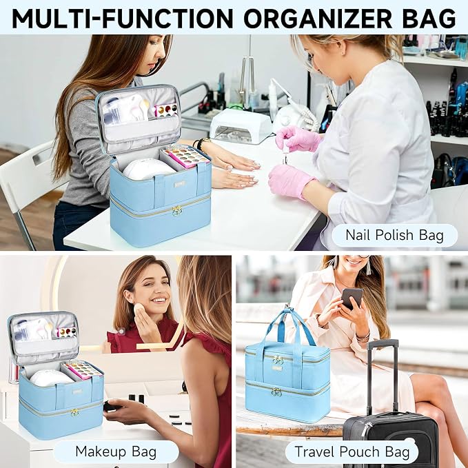 LEFOR·Z Nail Polish Organizer,Double-Layer Nail Organizers and Storage,Nail Polish Carrying Case for 40 Bottles (15ml-0.5 fl.oz) and Nail Lamp,Portable Nail Polish Holder for Nail Supplies,Light Blue