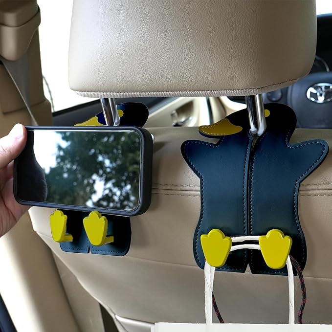 Leather Car Seat Back Hooks - Double Hook Headrest Hanger for Purse, Bags, Groceries & Phone Holder - Universal Fit for Car, SUV, Truck - Heavy Duty Metal & Premium Leather Organizer