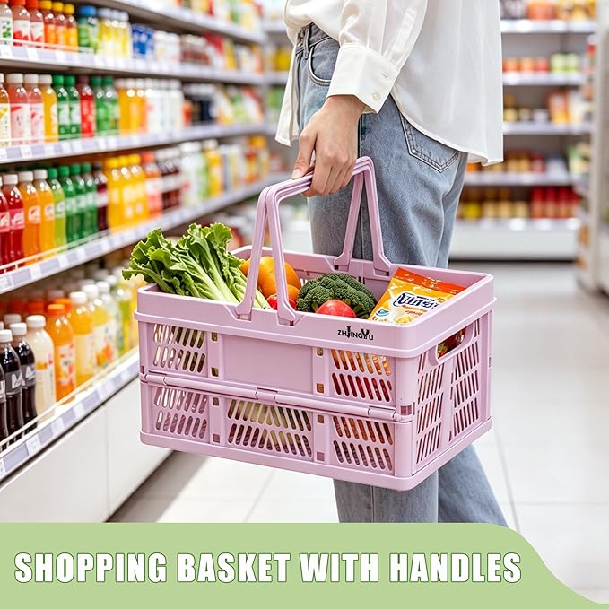 Pink Plastic Baskets with handles,2-pack Collapsible crates for storage,14.96"x9.84"x7.87" foldable shopping basket ,foldable crate with Handles for car Classroom Kitchen Bathroom Medicine Milk