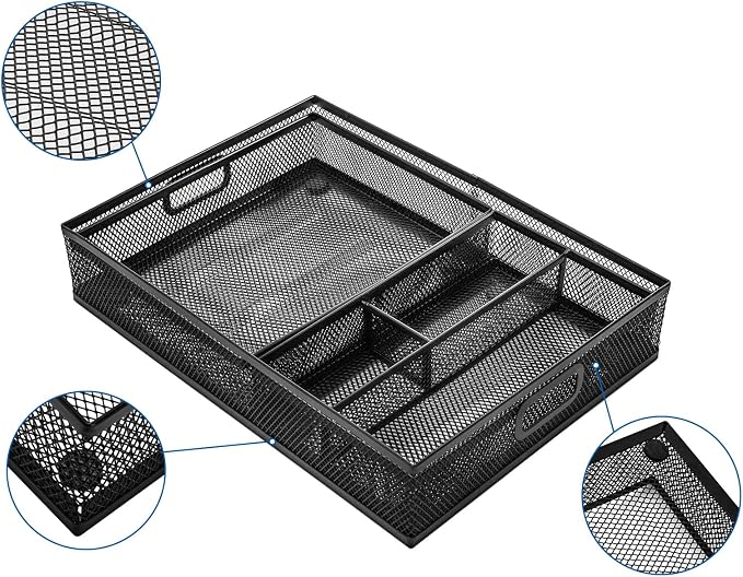 Noamus 3 Pack Office Drawer Organizer, Desk Drawer Divider Tray, Metal Mesh Desktop Basket, 6 Compartments Pen Storage Box for Makeup, Stationery, Office Supplies & Accessories, Kitchen(Black,3 Size)