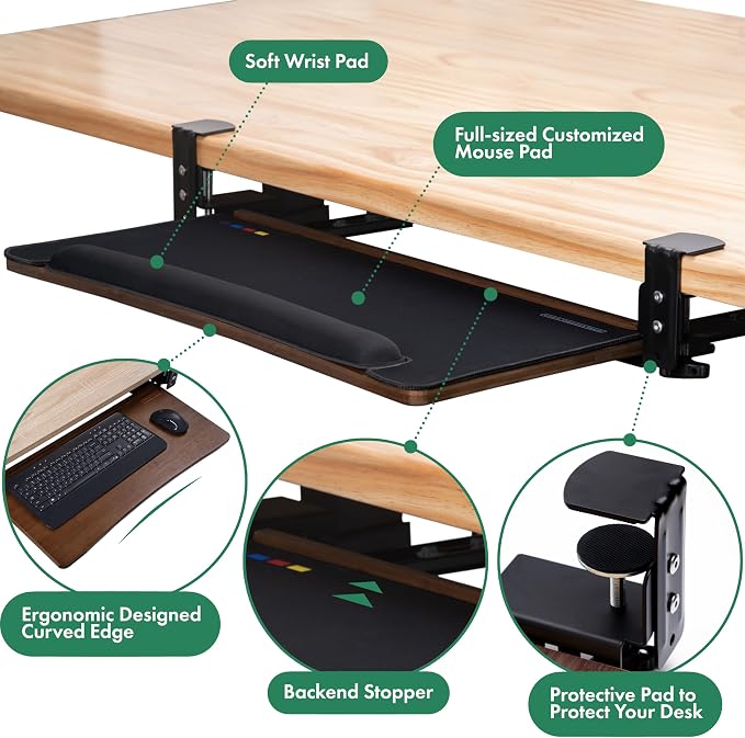 D'vine Dev Keyboard Tray Under Desk with Wrist Rest, Bamboo Wood Keyboard Drawer with Full Size Keyboard and Mouse Pad, Walnut Color, KBTY-2