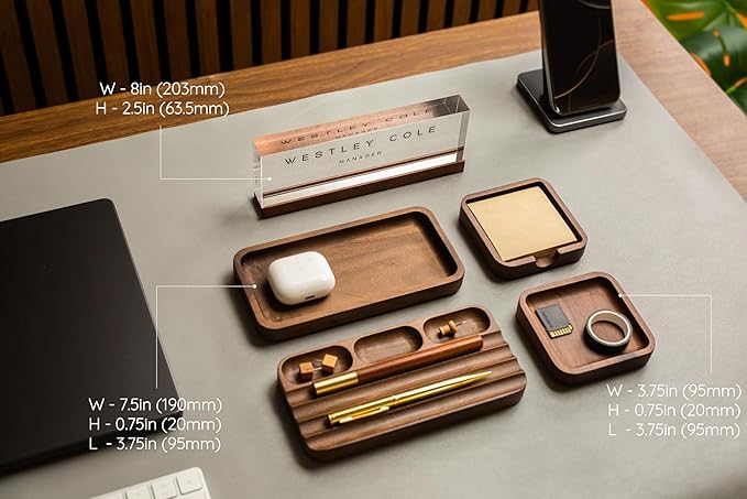 MUUJEE Wooden Desk Organization 5 Piece Set with Name Block - Personalized Acrylic Name Plaque with Wood Base and Desk Accessories Work Professional Office Gift Teacher Dad Organizer