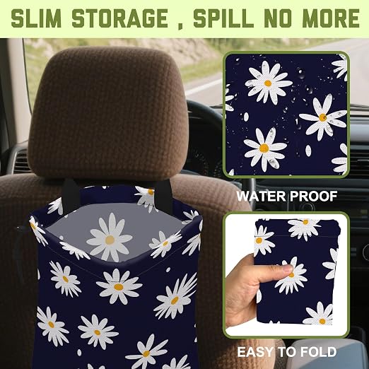 Car Garbage Bag Navy Blue Daisy Floral Hanging Canvas Car Trash Bag Waterproof Drawstring Car Back Seat Organizer for Car Back Front Seat Console with Adjustable Buckle